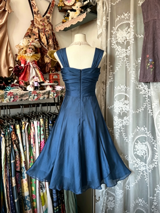 Chic Navy Blue Prom Dress Square Sheath Evening Dress Sleeveless Chiffon Short Formal Dress ED07425