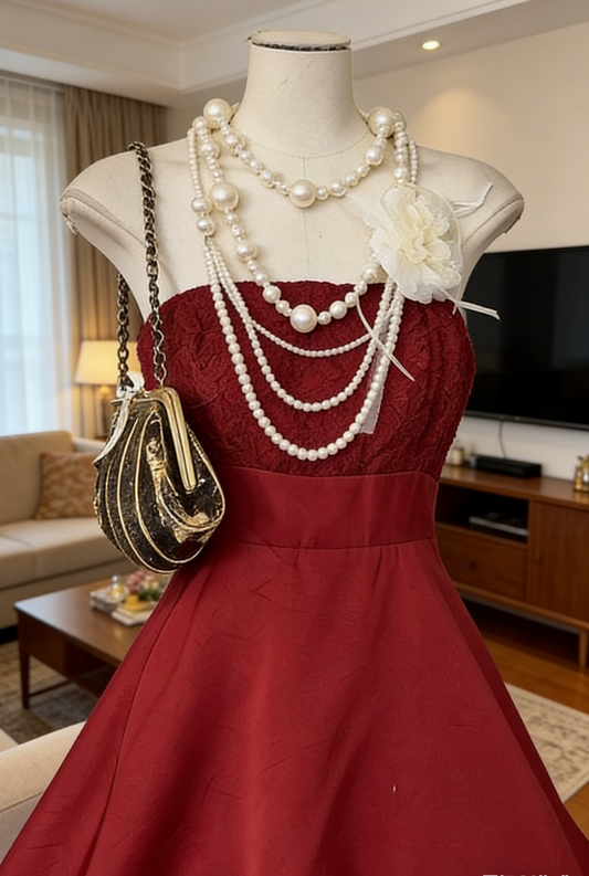 Cute Burgundy Birthday Dress Strapless A-Line Prom Dress Short Satin Party Dress ED07429