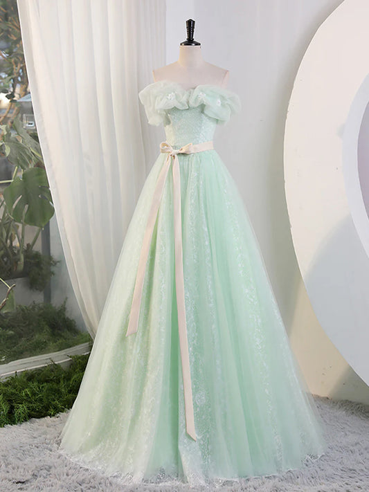 Green Off Shoulder Tulle Green Long Prom Dress, Green Lace Long Sweet 16 Dress ED0743