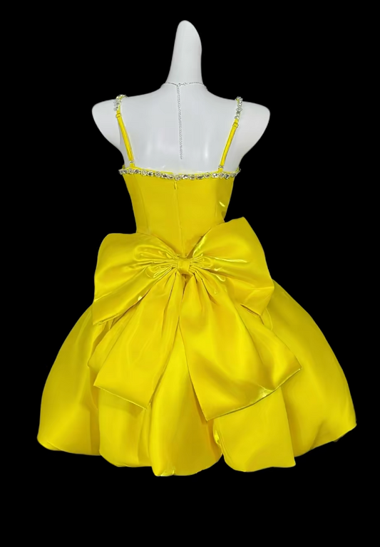 Cute Yellow Birthday Dress Spaghetti Straps A-Line Prom Dress Short Satin Party Dress ED07431