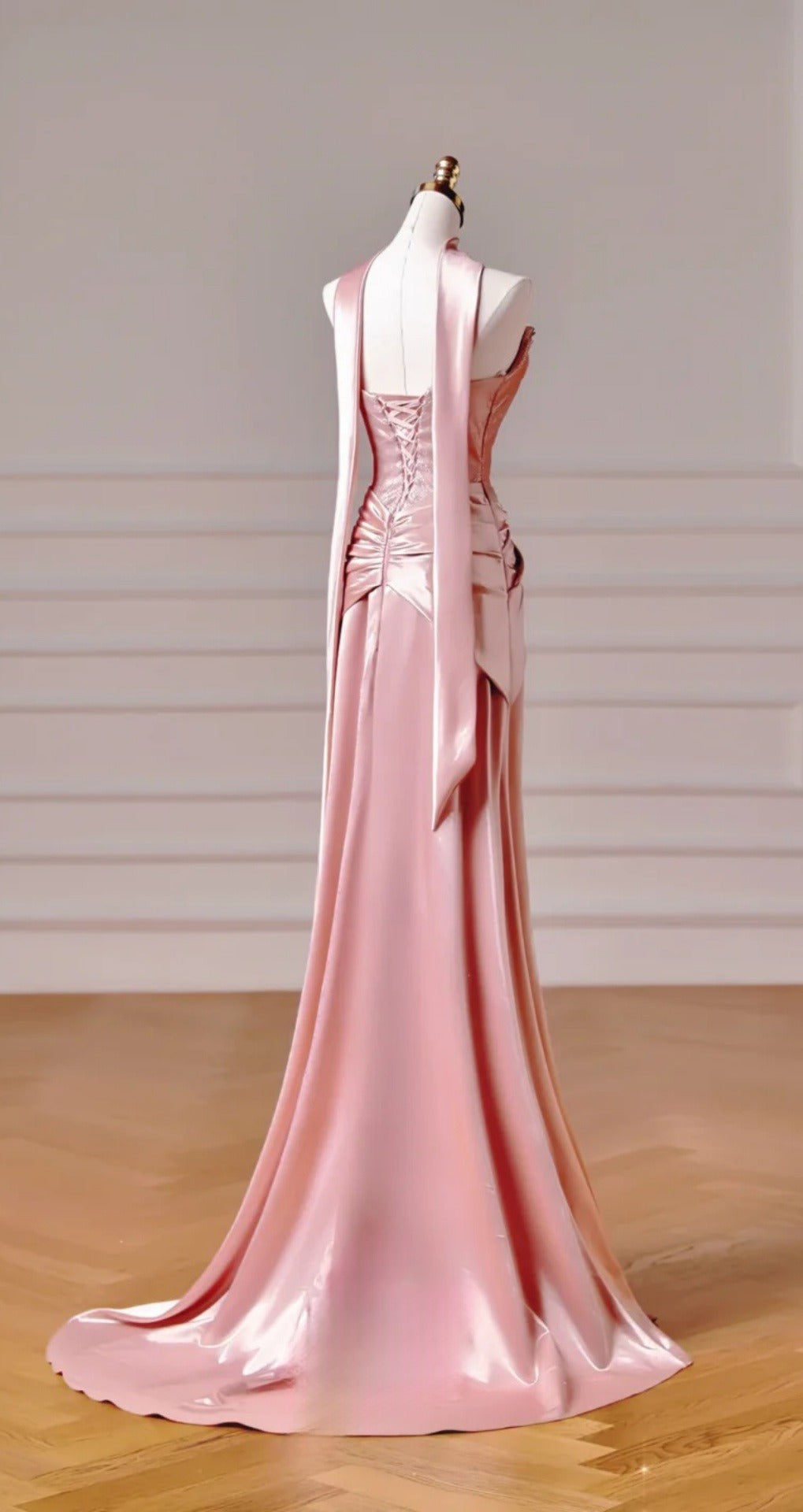 Robe de soirée longue fourreau bustier satin rose mignon ED07433