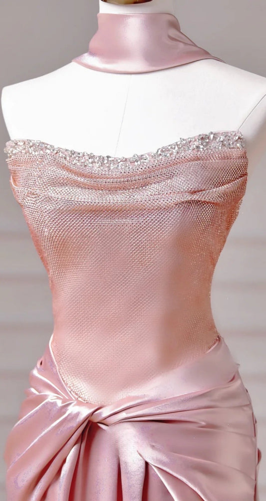 Cute Pink Prom Dress Strapless Sheath Long Satin Evening Dress ED07433