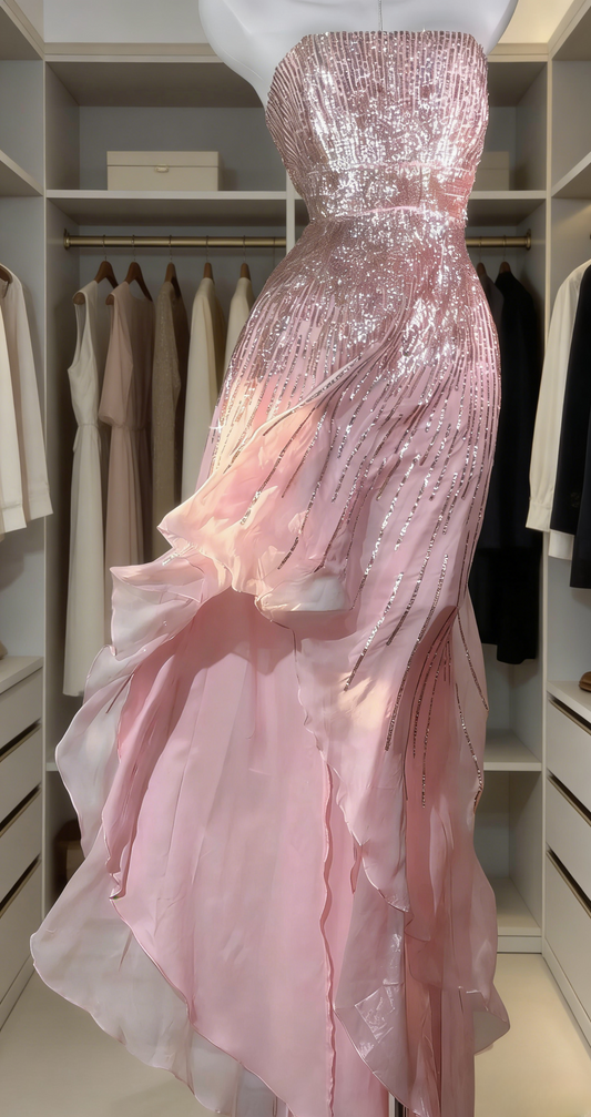 Cute Strapless Pink Prom Dress Sheath Long Chiffon Sequins Evening Dress ED07434