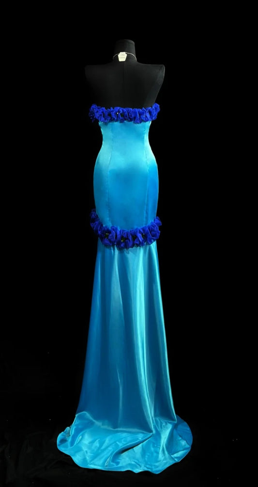 Chic Strapless Blue Prom Dress Sheath Long Satin Evening Dress ED07435