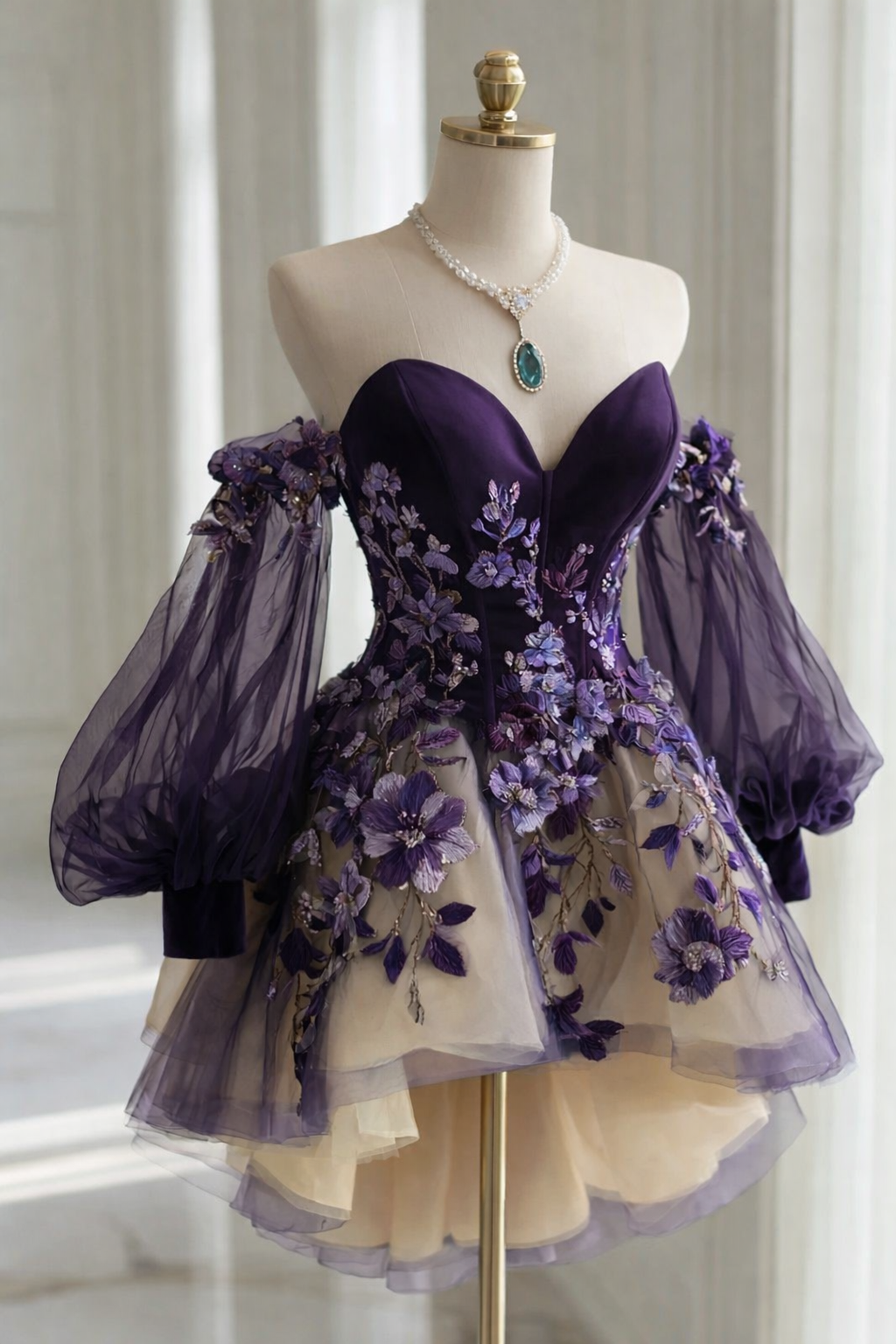 Fairy Purple Short Prom Dress Off-shoulder Sheath Evening Dress Embroidered Appliqué Birthday Dress ED07441
