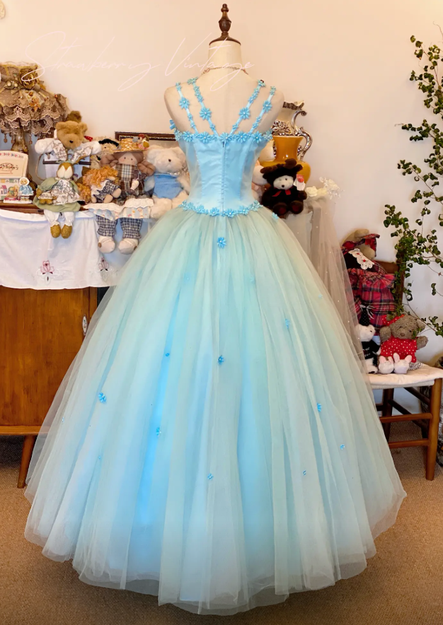 Chic Blue Prom Dress Spaghetti Straps A-Line Tulle Birthday Dress Long Evening Dress ED07447