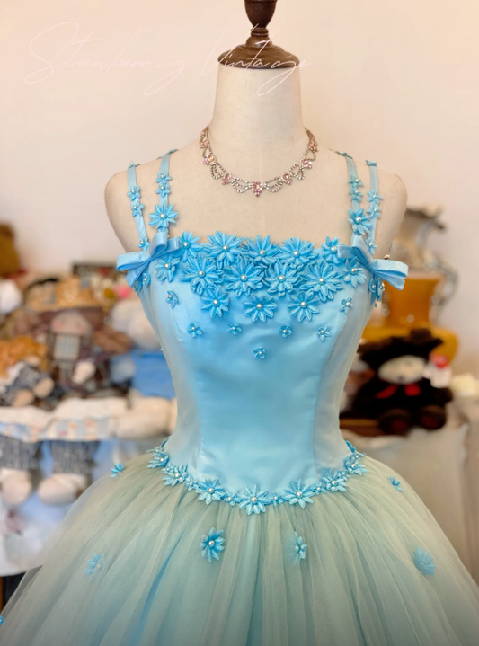 Chic Blue Prom Dress Spaghetti Straps A-Line Tulle Birthday Dress Long Evening Dress ED07447