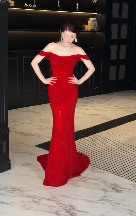 Glitter Red Prom Dress Off-shoulder Sheath Chiffon Long Evening DressED07451