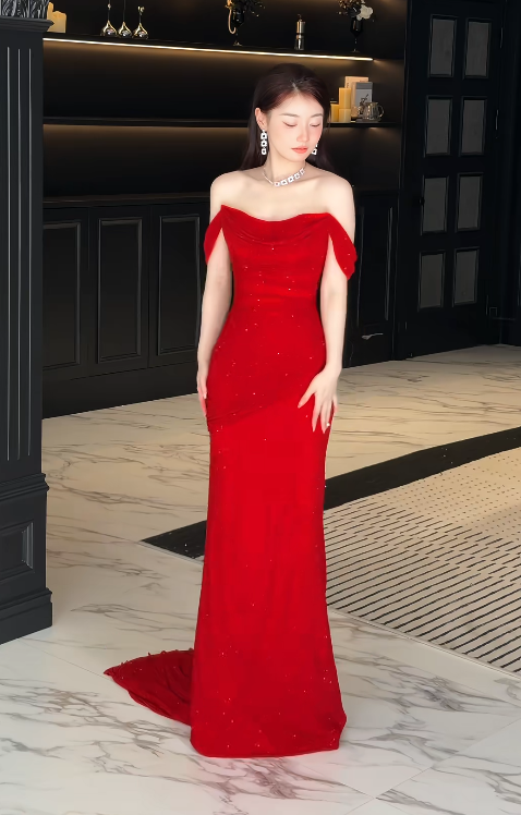 Glitter Red Prom Dress Off-shoulder Sheath Chiffon Long Evening DressED07451