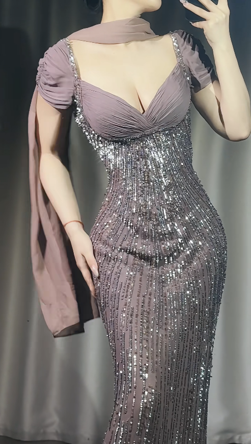 Gorgeous Sheath Sweetheart Chiffon Beaded Evening Dress Long Dusty Purple Prom Dress ED07452