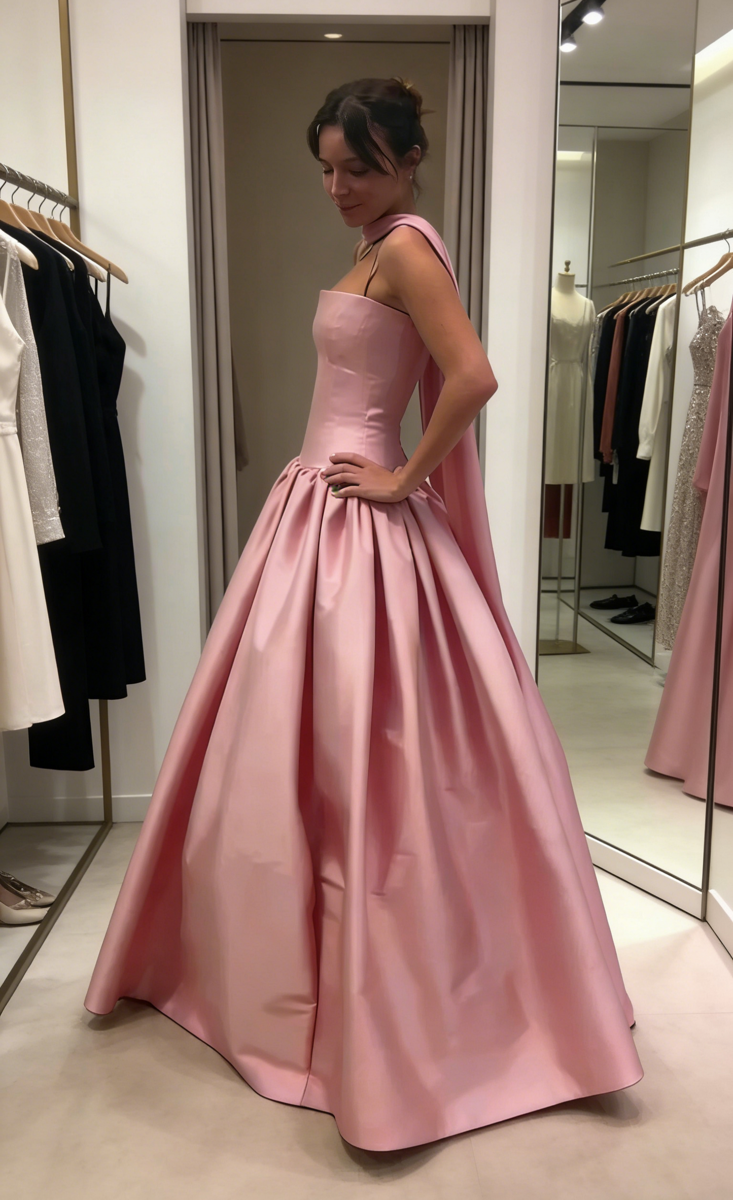 Chic A-Line Spaghetti Straps Satin Evening Dress Long Pink Prom Dress ED07453