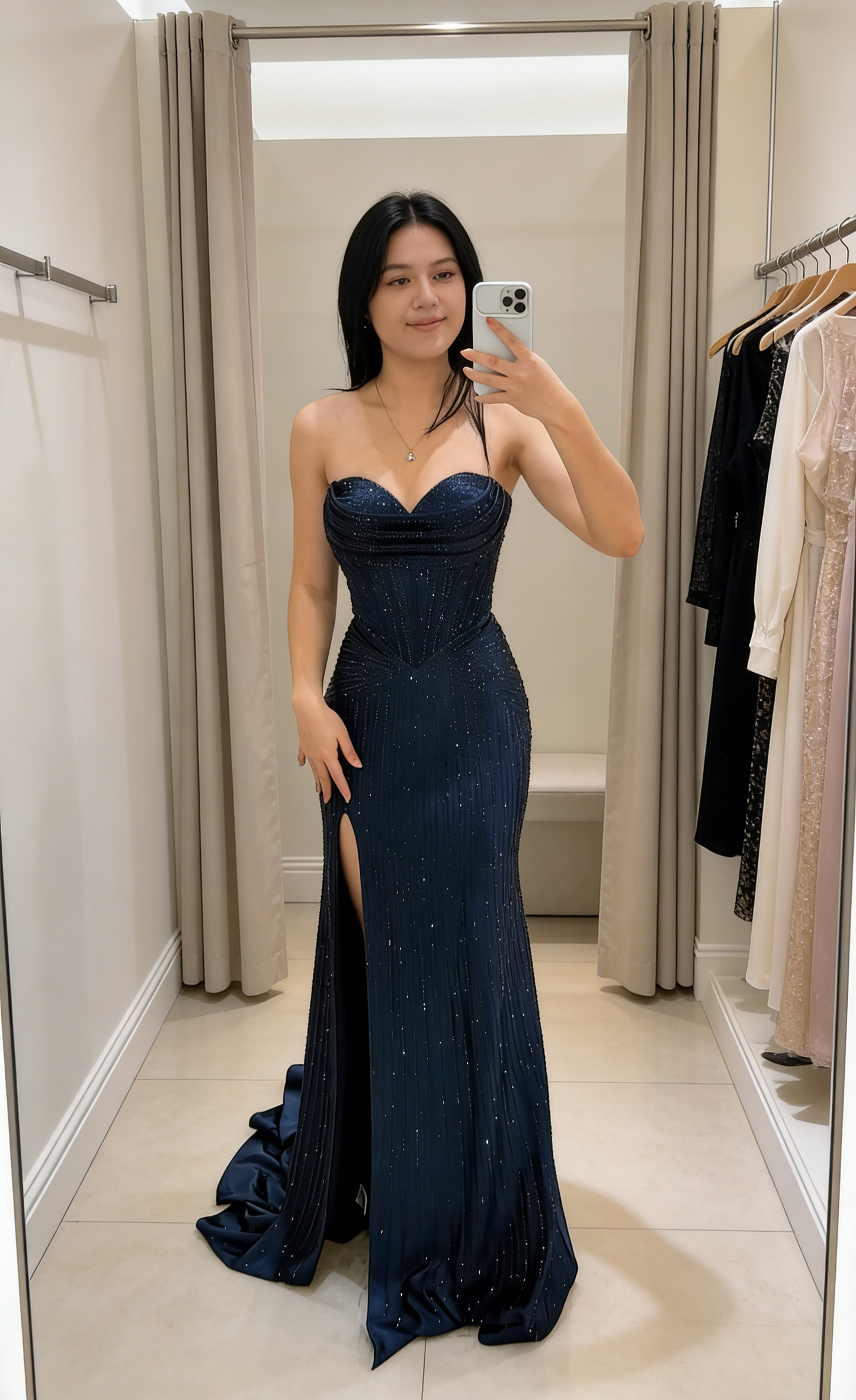 Chic Sheath Sweetheart Beaded Satin Evening Dress Long Navy Blue Prom Dress with Slit ED07454