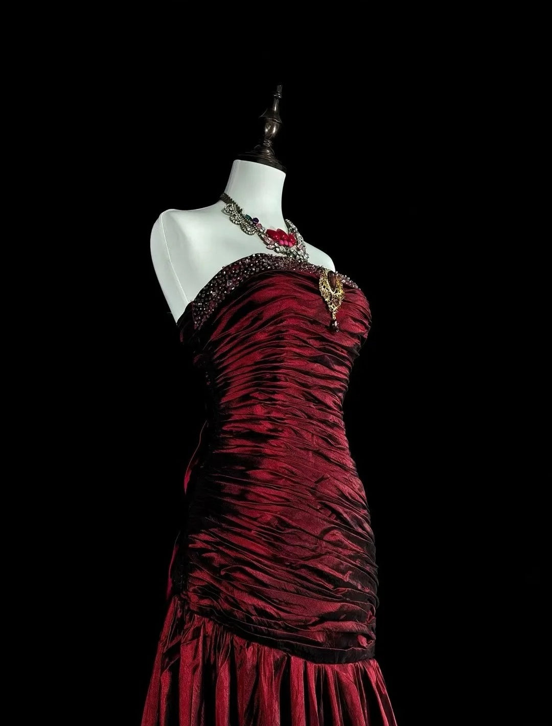 Simple Sheath Strapless Satin Evening Dress Long Burgundy Prom Dress ED07456