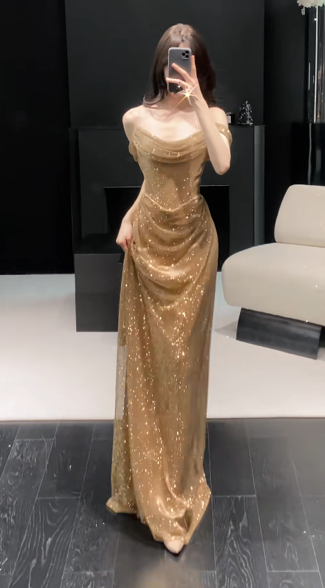 Glitter Sheath Off-shoulder Tulle Rhinstones Evening Dress Long Gold Prom Dress ED07457