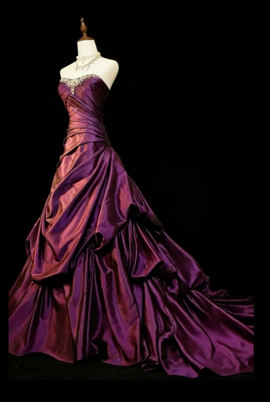 Elegant Grape Prom Dress Strapless A-Line Satin Long Evening Dress ED07458