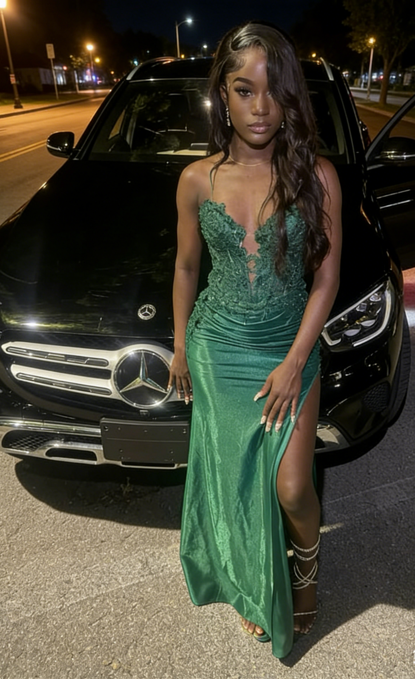 Gorgeous Sheath Sweetheart Satin Evening Dress with Slit Long Green Prom Dress ED07459