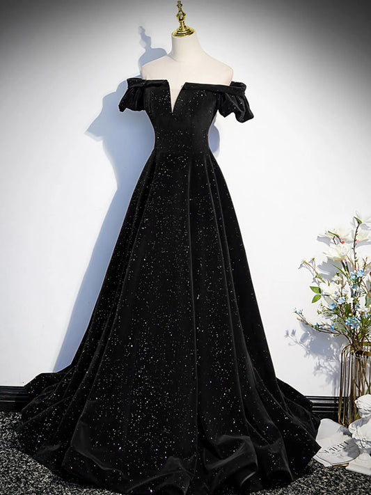 A-Line Off Shoulder Velvet Black Long Prom Dress, Black Formal Dress ED0746