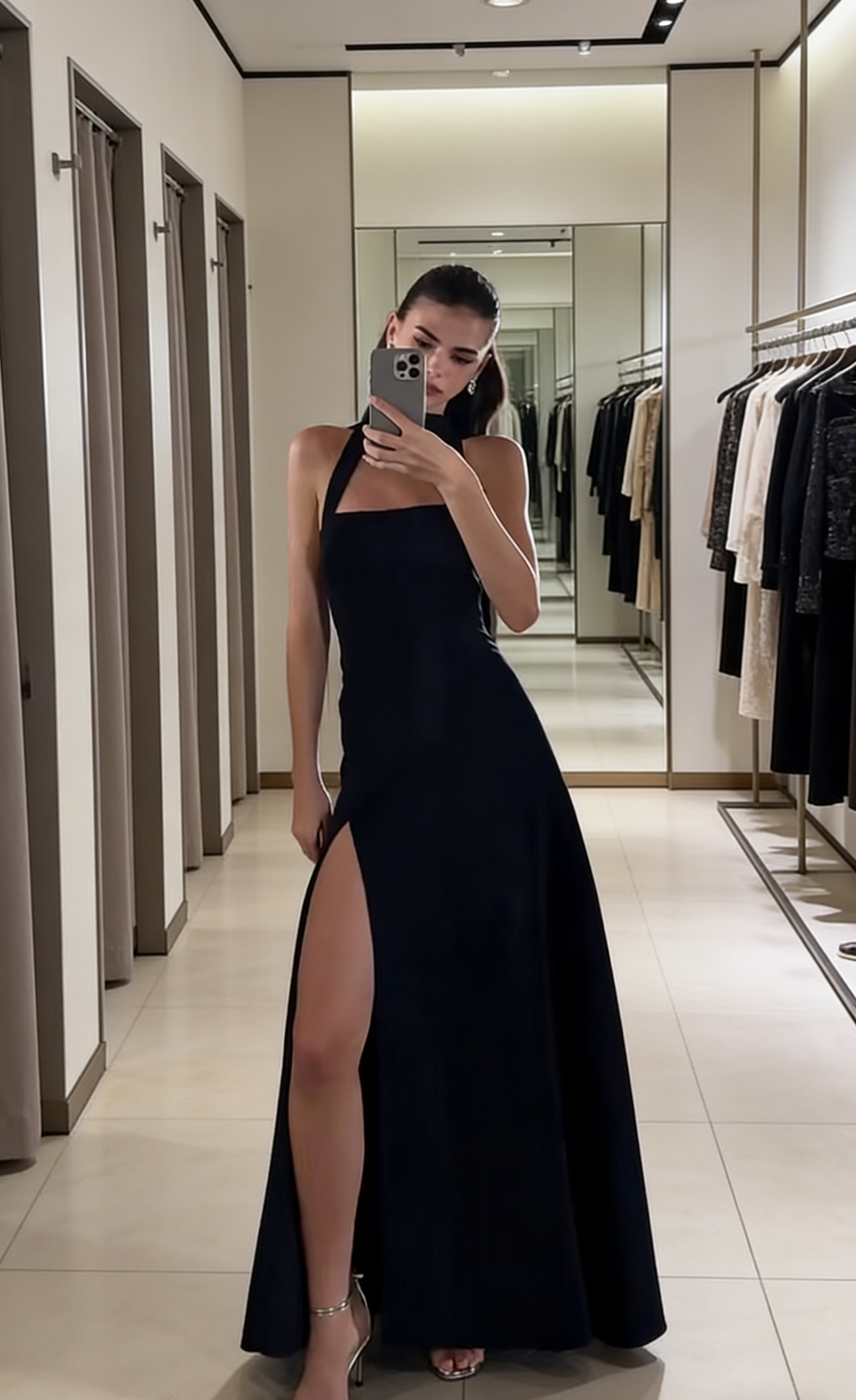 Simple Sheath Halter Evening Dress Long Navy Blue Prom Dress ED07460