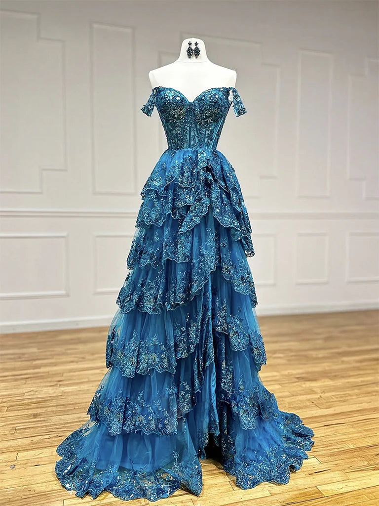 A-Line Sweetheart Neck Tulle Sequin Lace Blue Long Prom Dress ED0747