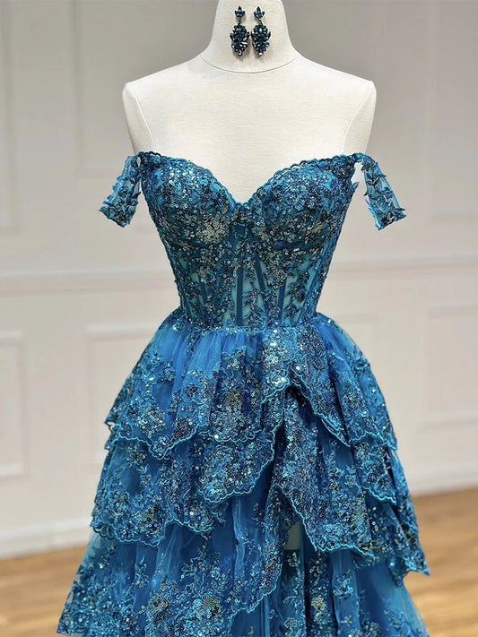 A-Line Sweetheart Neck Tulle Sequin Lace Blue Long Prom Dress ED0747