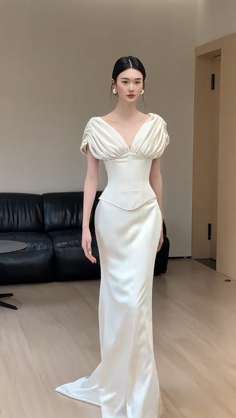 Simple Sheath Satin Long Wedding Dress Off-shoulder Sleeveless Bridal Dress ED07470