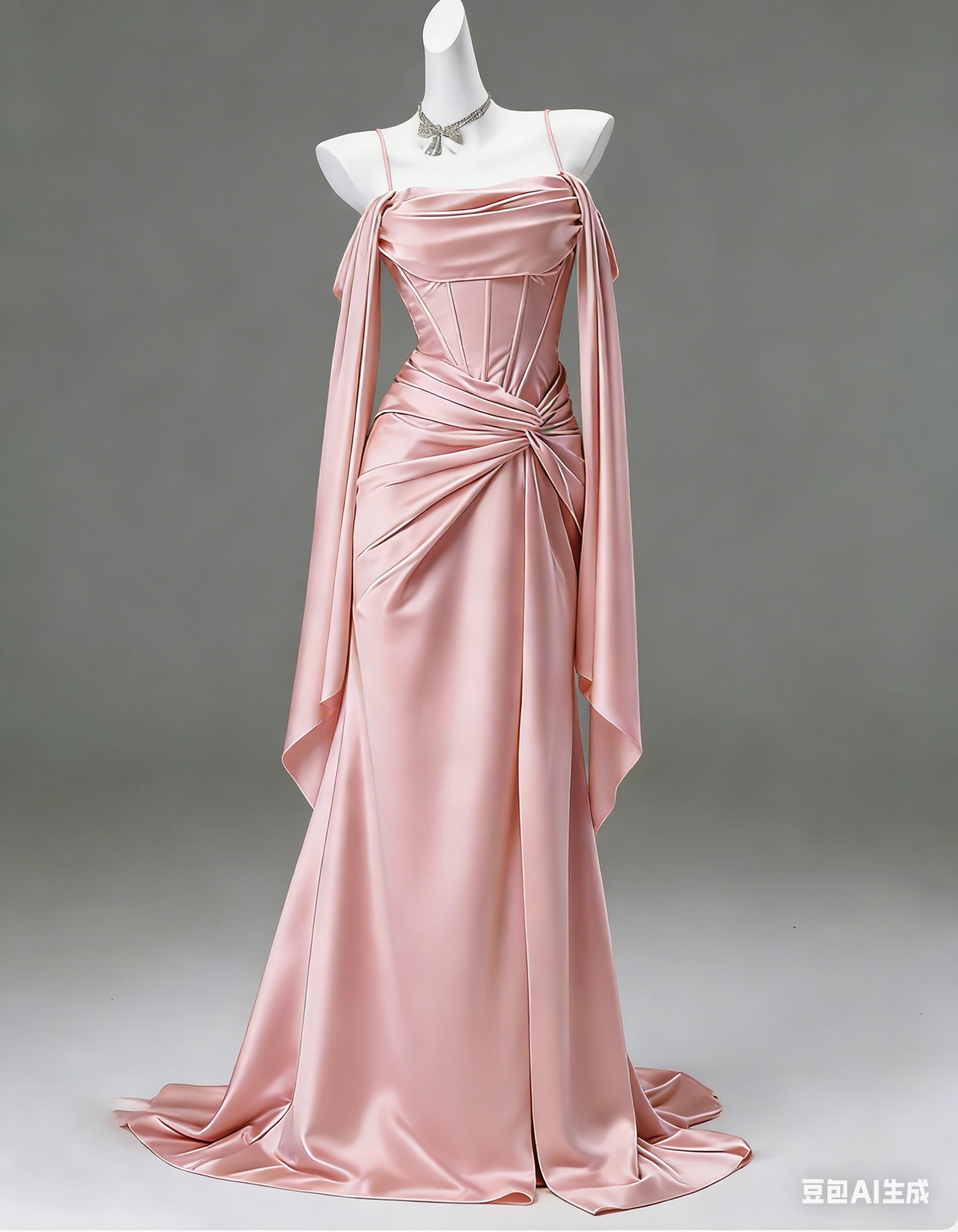 Chic Spaghetti Straps Sheath Satin Long Evening Dress Pink Prom Dress ED07474