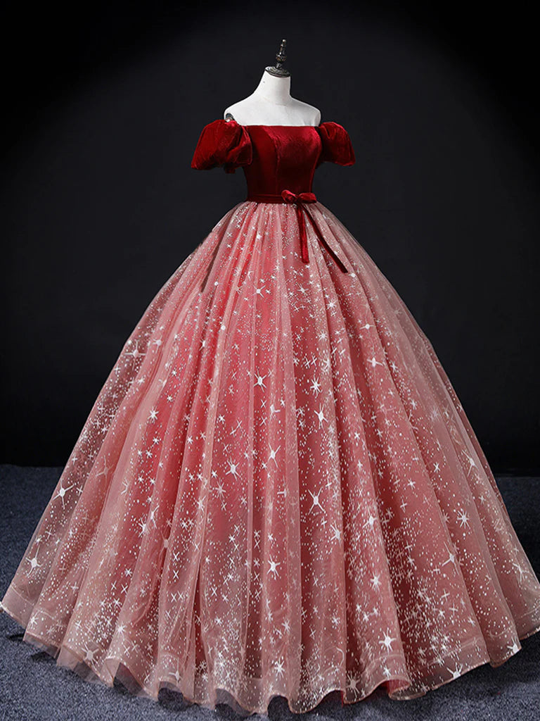 A-Line Burgundy/Pink Tulle Long Prom Dress, Burgundy/Pink Sweet 16 Dress ED0748