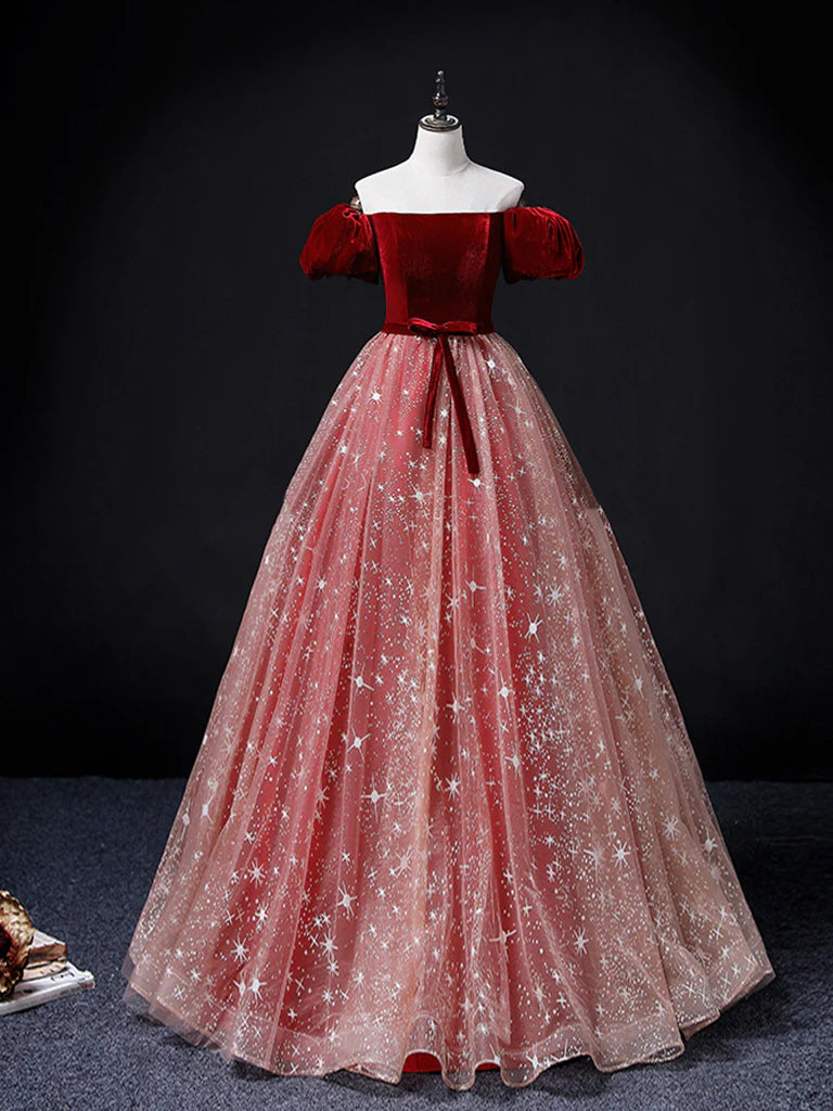 A-Line Burgundy/Pink Tulle Long Prom Dress, Burgundy/Pink Sweet 16 Dress ED0748