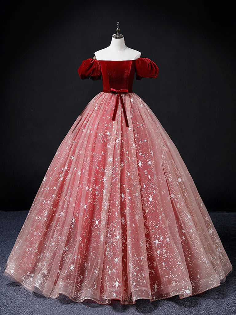 A-Line Burgundy/Pink Tulle Long Prom Dress, Burgundy/Pink Sweet 16 Dress ED0748