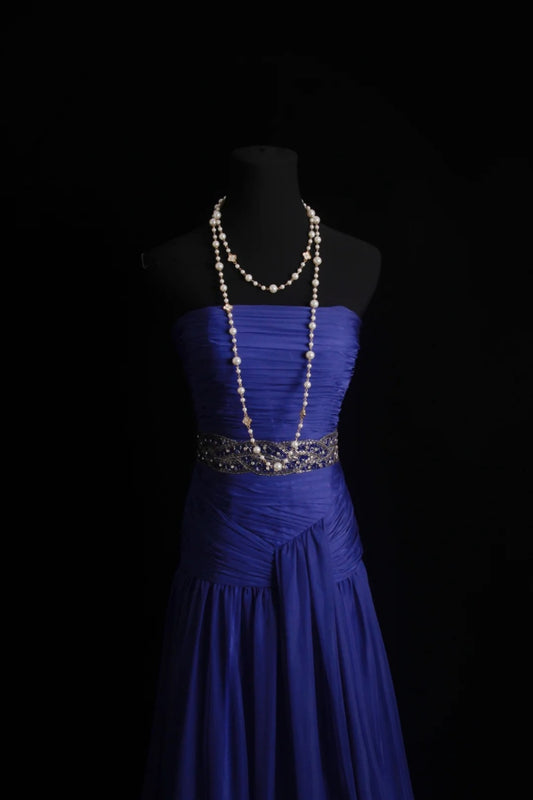 Elegant Sheath Strapless Long Evening Dress Chiffon Blue Prom Dress ED07485