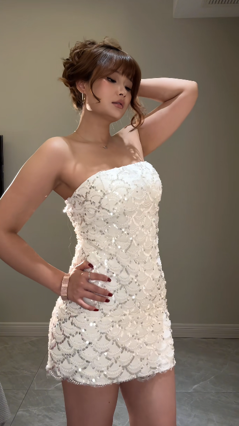 Cute White Birthday Dress Strapless Sheath Short Prom Dress Sequins Tulle Sleeveless Party Dress ED07488