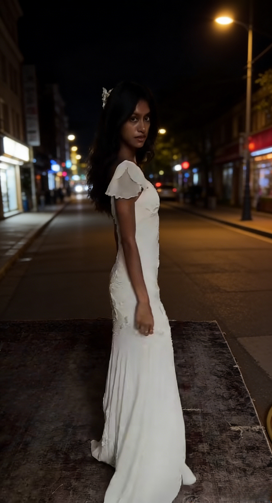 Chic V-neck Sheath Chiffon Wedding Dress Embroidered Appliqué White Bridal Dress ED07491