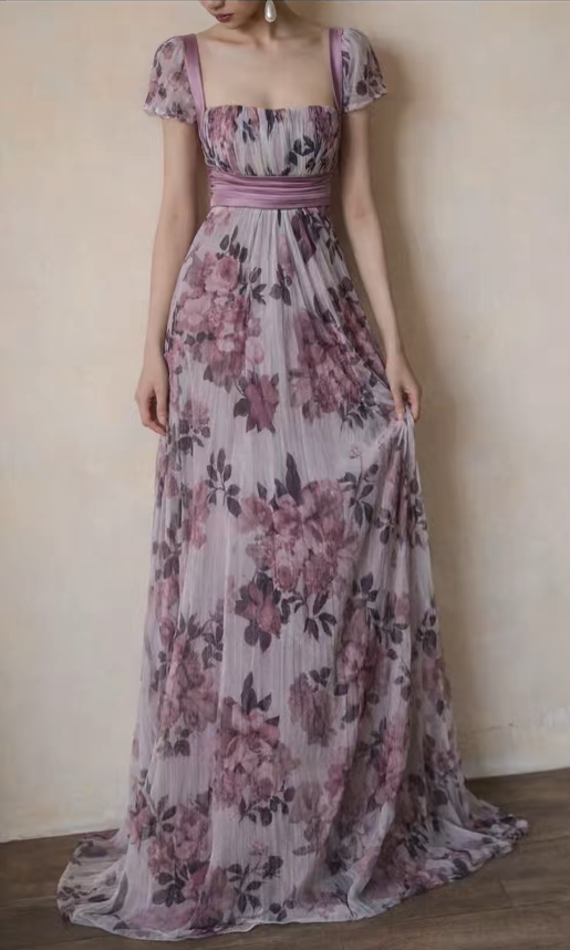 Chic Imperial Square Long Evening Dress Sleeves Floral Chiffon Purple Prom Dress ED07496