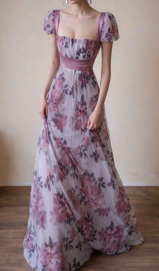 Robe de soirée longue trapèze chic manches fleuries mousseline violette pour bal de promo ED07496