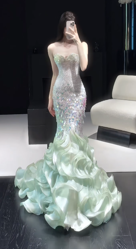 Magnifique Robe de Soirée Longue Sirène Coeur Paillettes Verte pour Bal de Promo ED07500