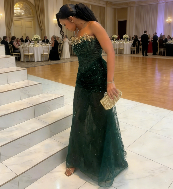 Robe de soirée longue élégante fourreau bustier tulle strass - Robe de bal vert foncé ED07508