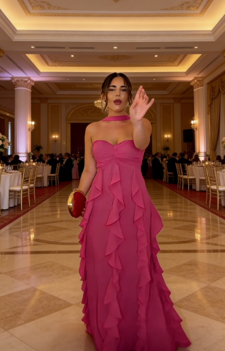 Élégante robe de soirée longue fourreau bustier en mousseline rose chic pour invitée de mariage ED07509