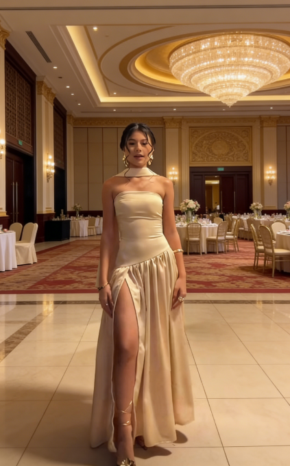 Robe de Demoiselle d'honneur Chic Champagne Fourreau sans Bretelles en Satin Longue Robe de Soirée ED07510
