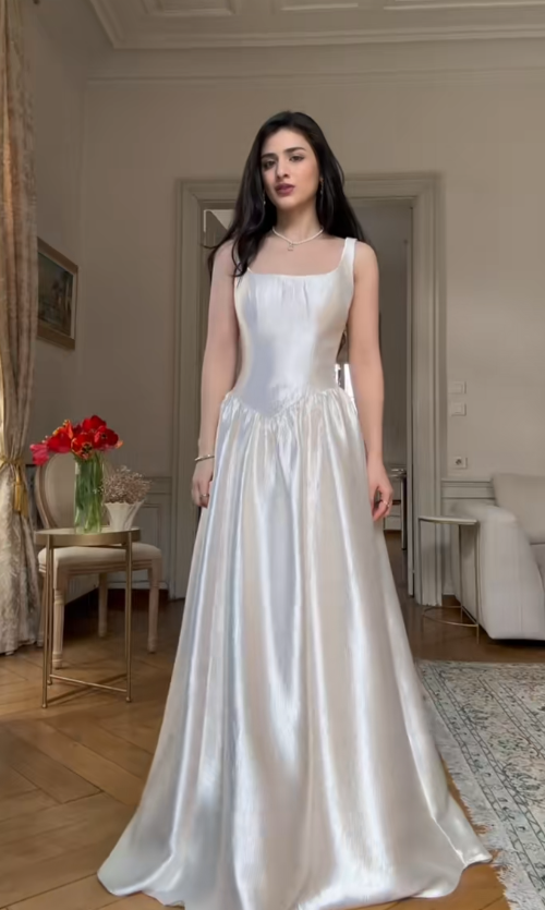 Chic A-Line Spaghetti Straps Long Evening Dress Satin White Prom Dress ED07512