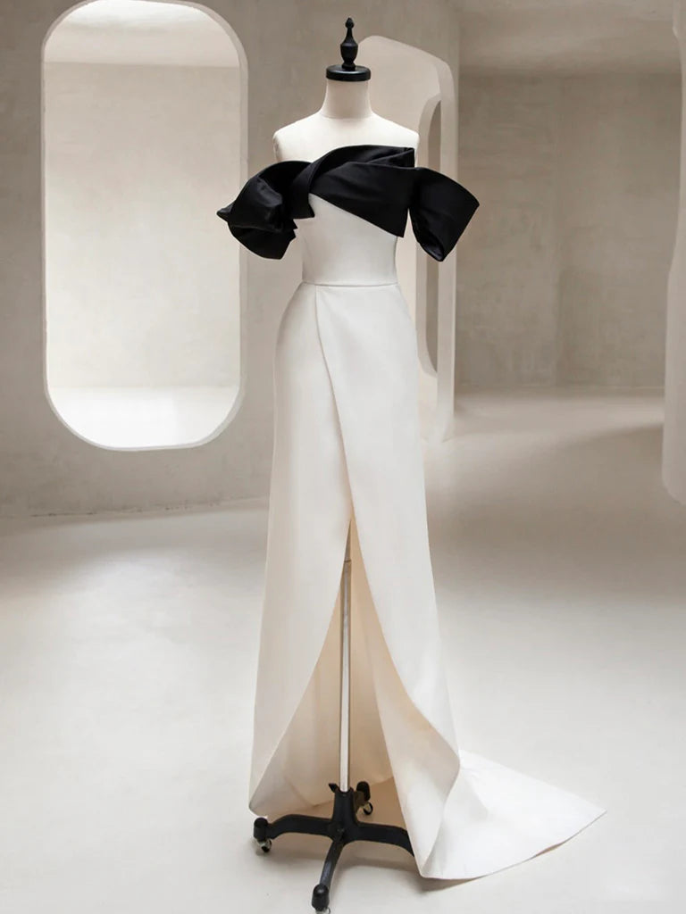 Robe de bal longue simple en satin noir/beige à épaules dénudées, robe de soirée longue noire/beige ED0752