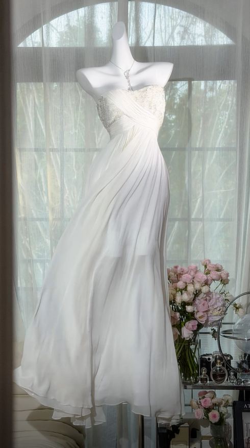 Chic Sheath Strapless Long Evening Dress Chiffon White Prom Dress ED07522