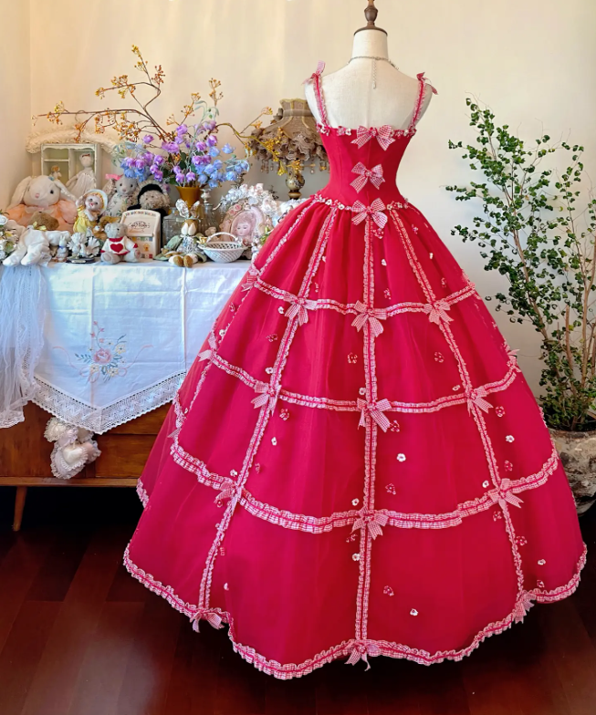 Chic A-Line Spaghetti Straps Long Evening Dress Tulle Red Prom Dress ED07523