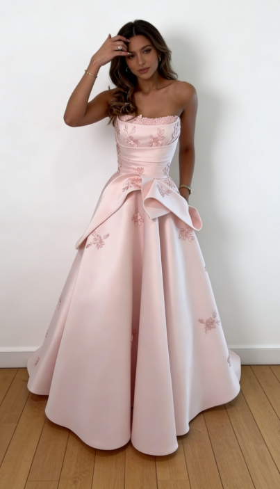 Schickes Neckholder-Satin-Abendkleid in A-Linie, rosa Ballkleid ED07533