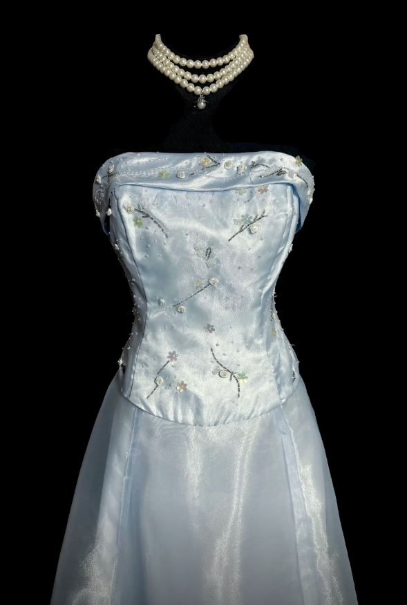 Robe de soirée longue trapèze chic en tulle, bustier, bleu pâle, robe de bal ED07537