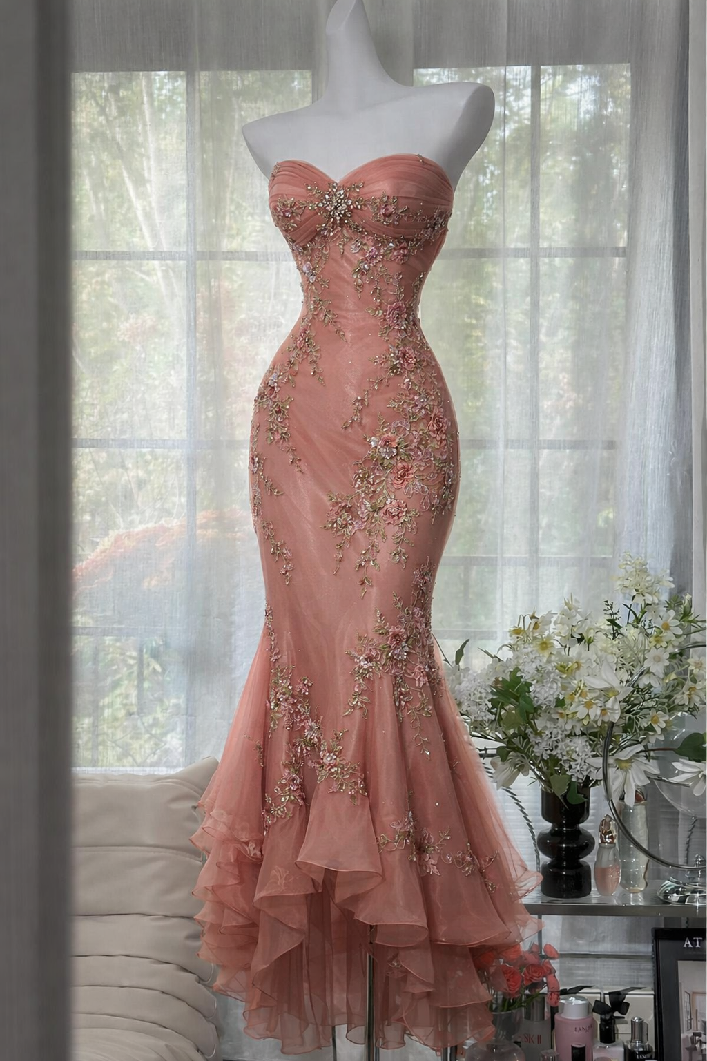 Chic Dark Peach Prom Dress Sweetheart Mermaid Applique Chiffon Long Evening Dress ED07542
