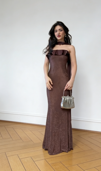 Pretty Brown Sheath Wedding Guest Dress Strapless Diamonds Satin Long Evening Dress ED07541