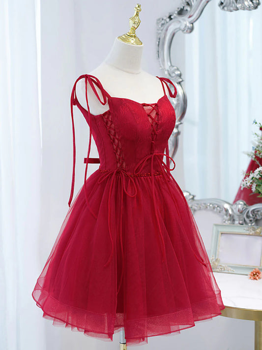 Burgundy tulle lace short prom dress,burgundy homecoming dress ED0758
