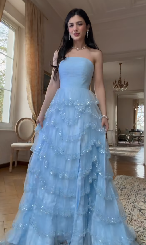 Blue Prom Dress Strapless A-line Tulle Long Evening Dress ED07584