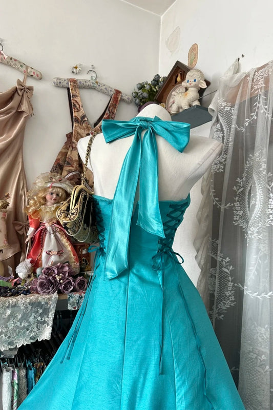 Blue Short Prom Dress Halter A-Line Satin Long Evening Dress ED07598