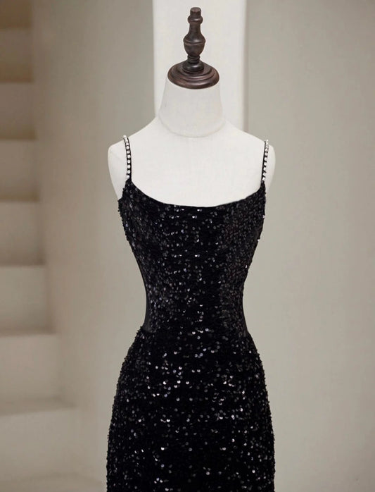 Simple Mermaid Velvet Sequin Black Long Prom Dress, Black Long Evening Dress   ED076